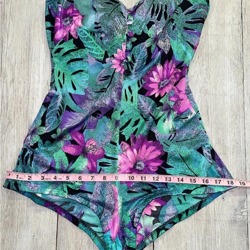 Vintage La Playa One Piece Button Down Swimsuit Size 16 Floral Tropical Boyshort - Picture 6 of 16